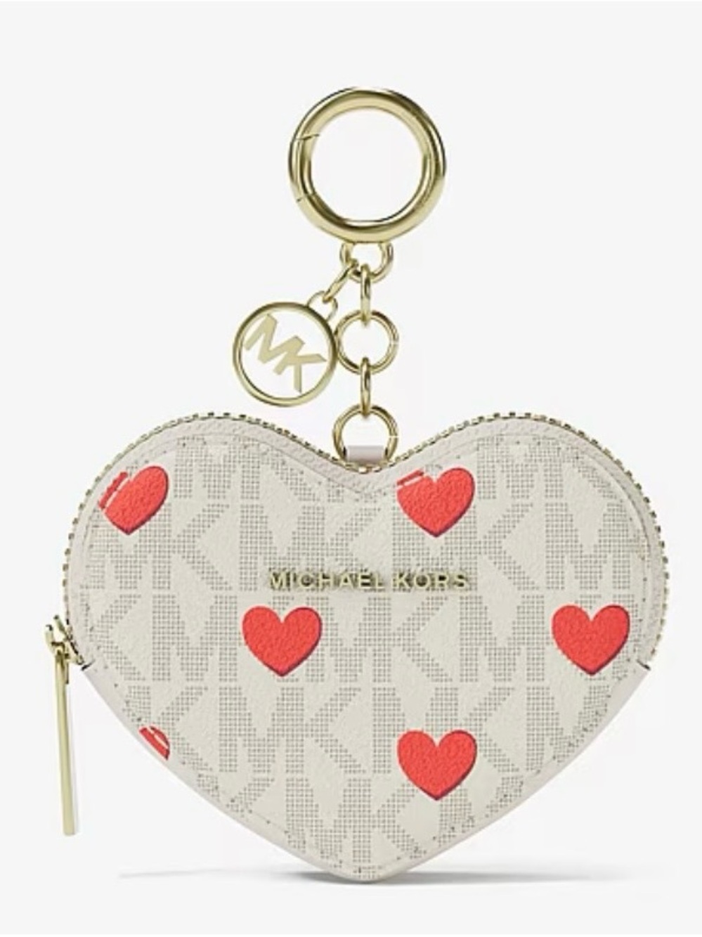 Michael Kors Cream Heart Coin Case Keychain with Red Hearts